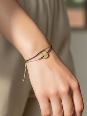 Gold Disc Double-Layer Bracelet with Navy Cord - Women's Jewelry